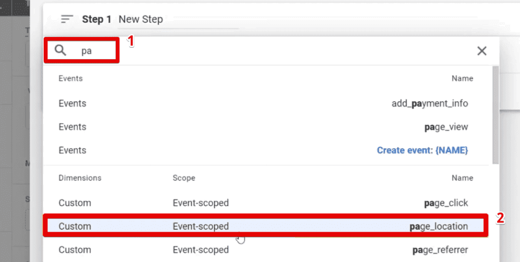 Using the page_location dimension for the matching condition