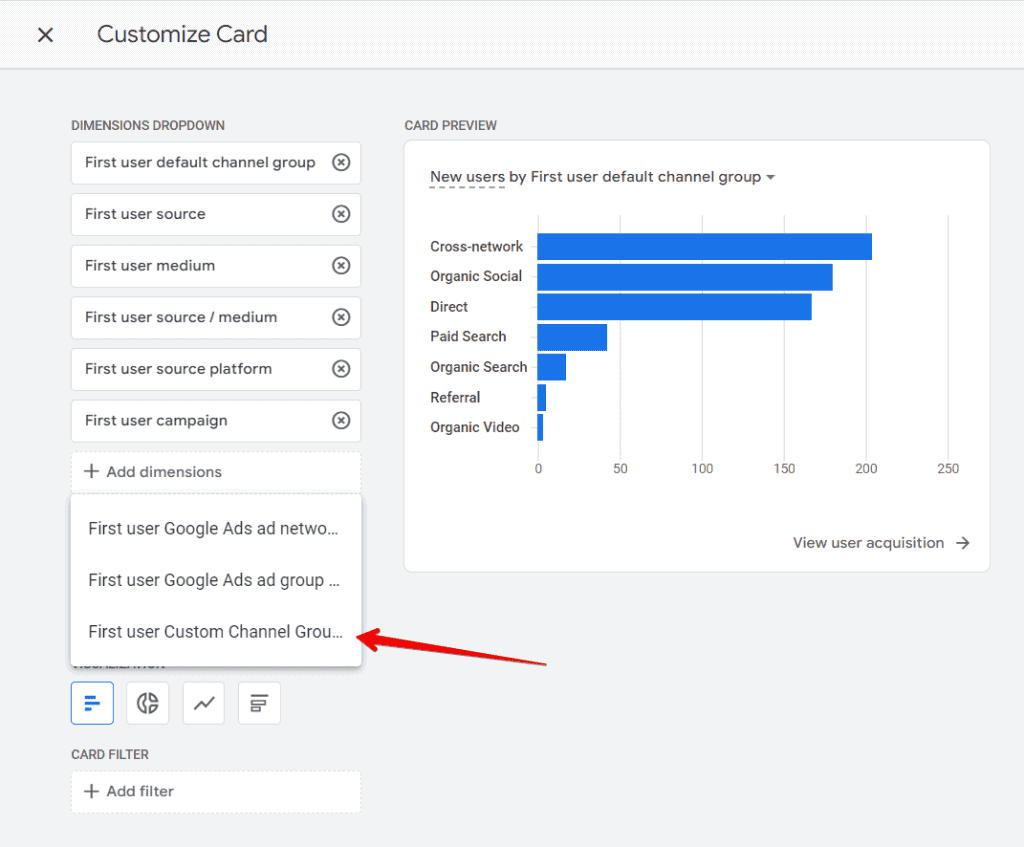 Add a custom channel group to the report card in GA4
