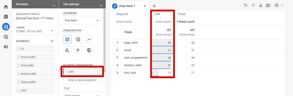 Adding a segment comparison to the exploration report