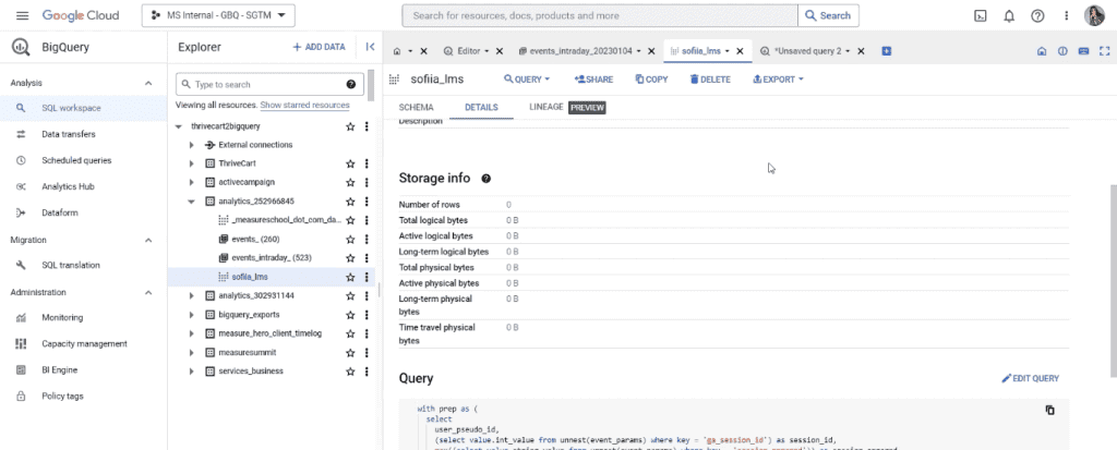 BigQuery interface