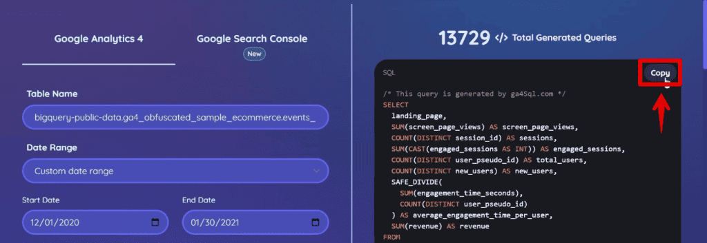 Copying the code for the landing page query