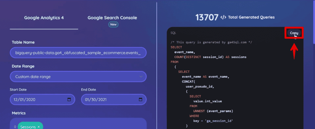 Copying the code for the sample query