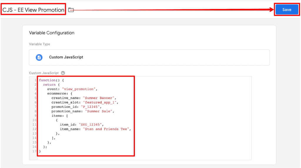 Custom JavaScript variable with view_promotion event and item details