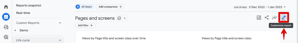 Customizing the pages and screens report