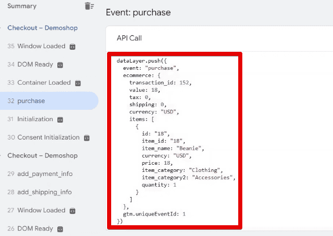 Data layer for the purchase event
