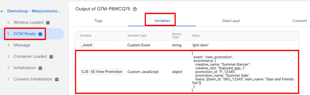 GTM preview mode showing values of custom javascript variable