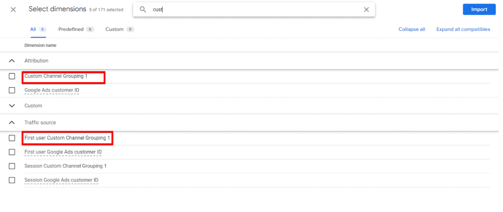 Import custom channel group dimensions