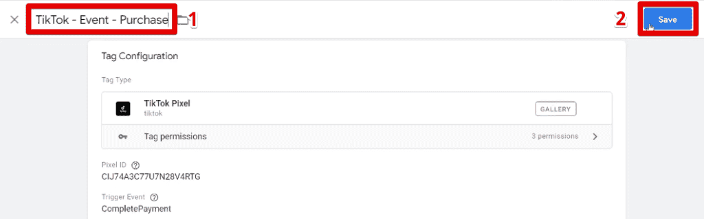 Naming and saving the TikTok event tag