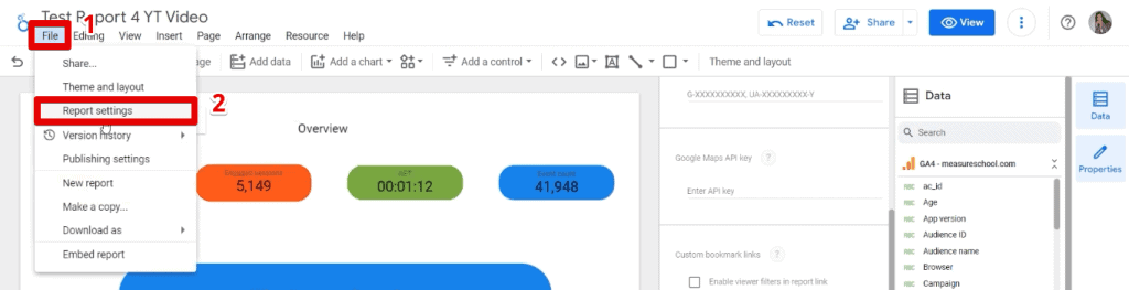 Opening the report settings in Looker Studio