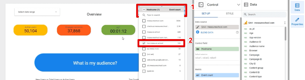 Selecting live.measure.school in the data control