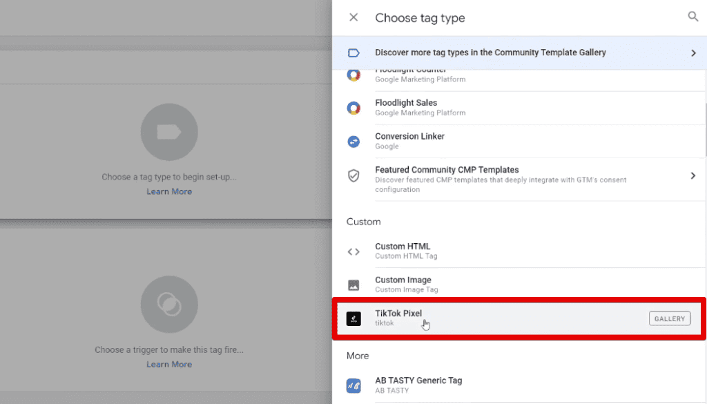 Selecting the TikTok pixel tag type