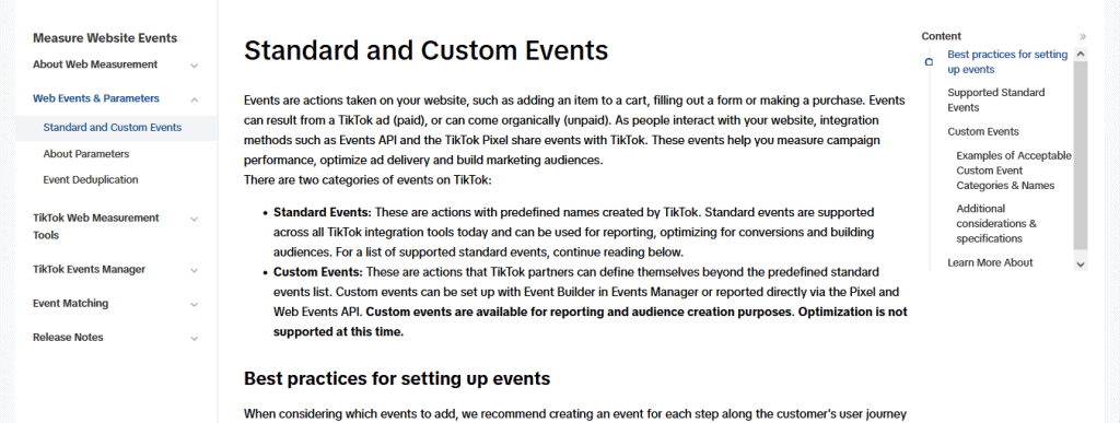 TikTok standard and custom events documentation