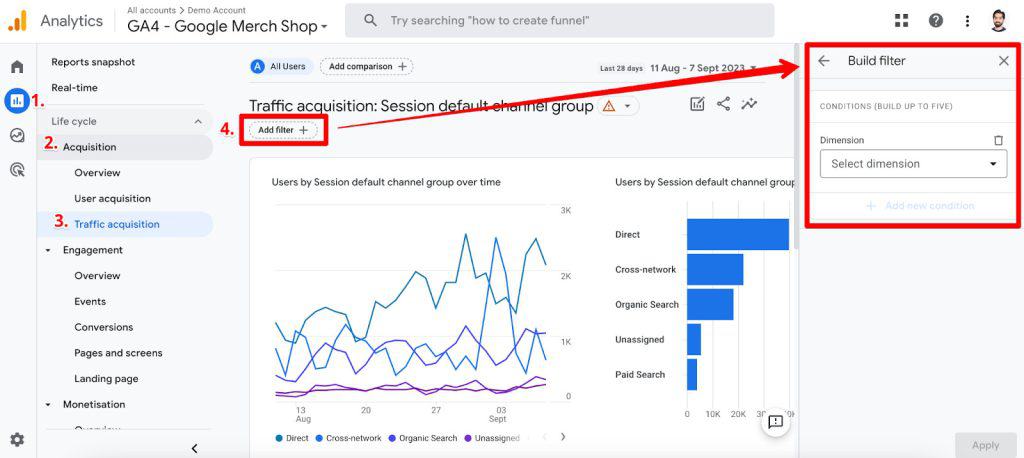 Add a filter option in GA4 standard reports