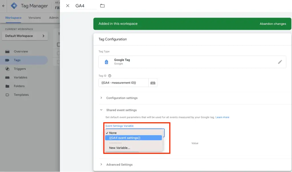 Adding Shared event settings to the Google Tag