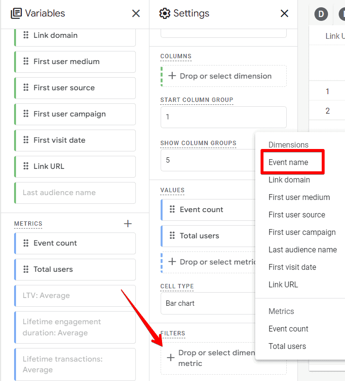 Adding filter of Event names, leaving only click events