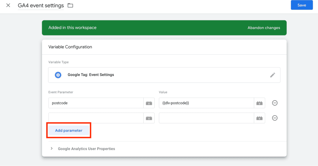 Adding parameters to the Event Settings variable