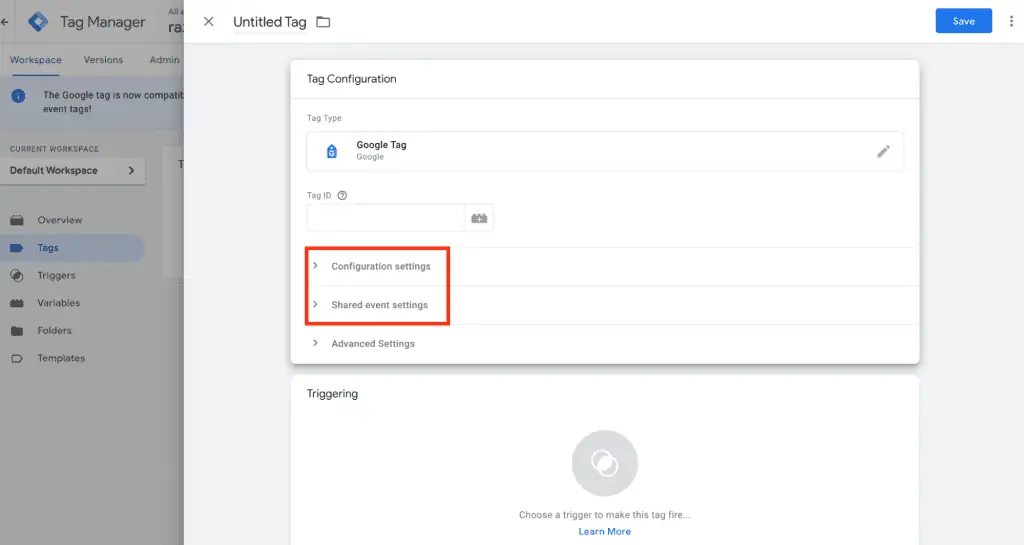 Configuration settings in Google tag