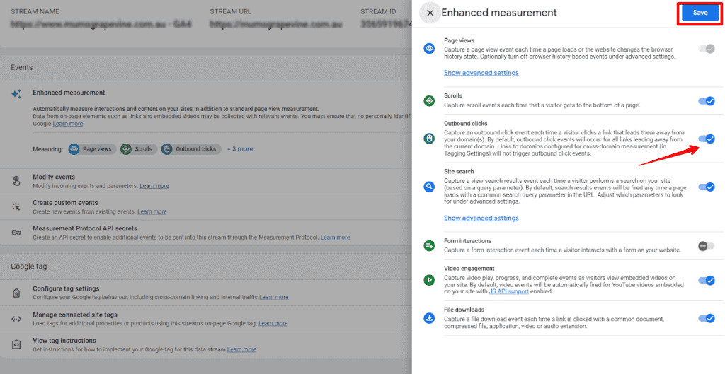 Enabling outbound clicks in enhanced measurement settings
