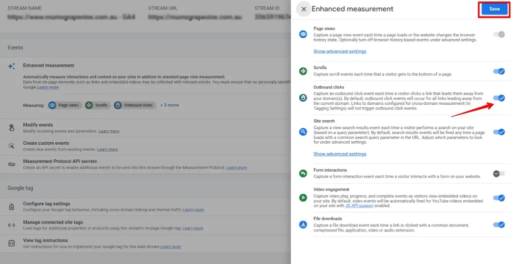 Enabling outbound clicks in enhanced measurement settings