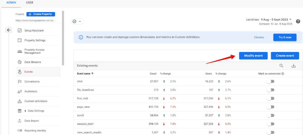 Modifying events in admin panel GA4