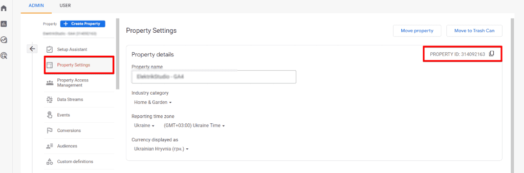 Property ID inside of settings section