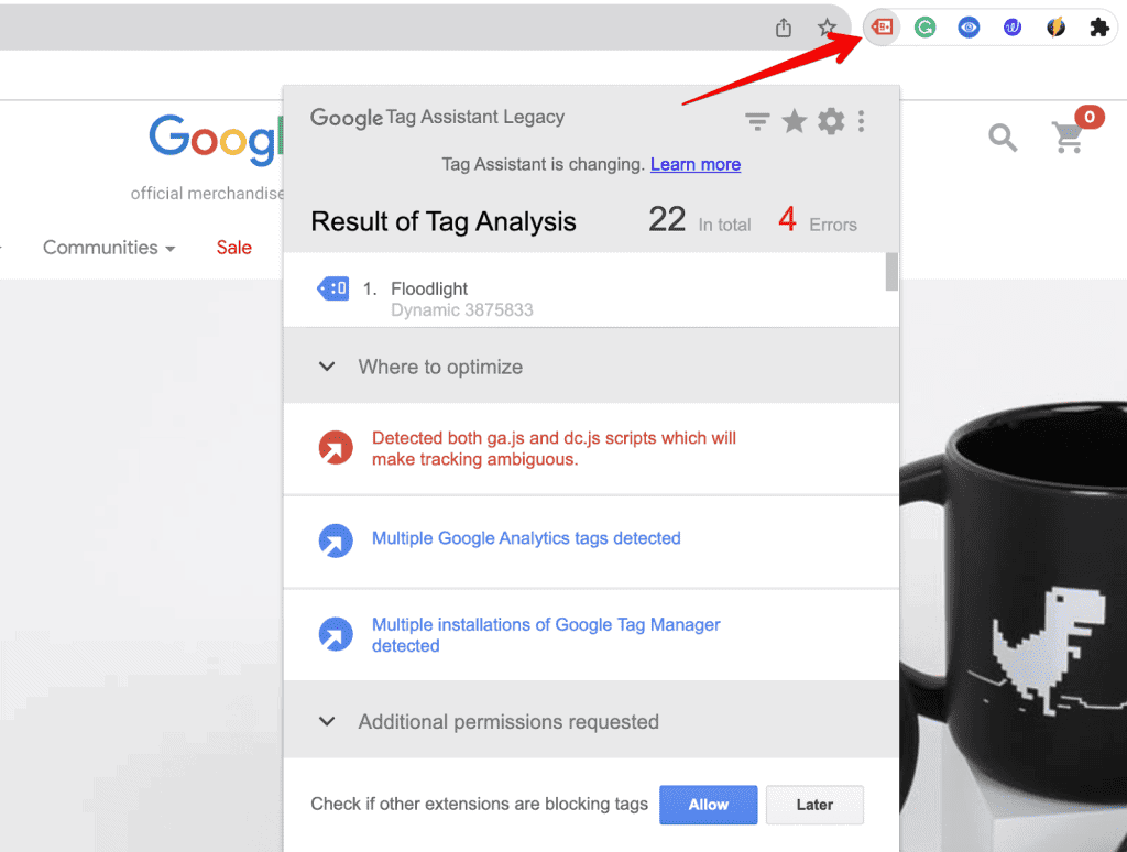 Running the main menu of the Google Tag Assistant extension from the sidebar