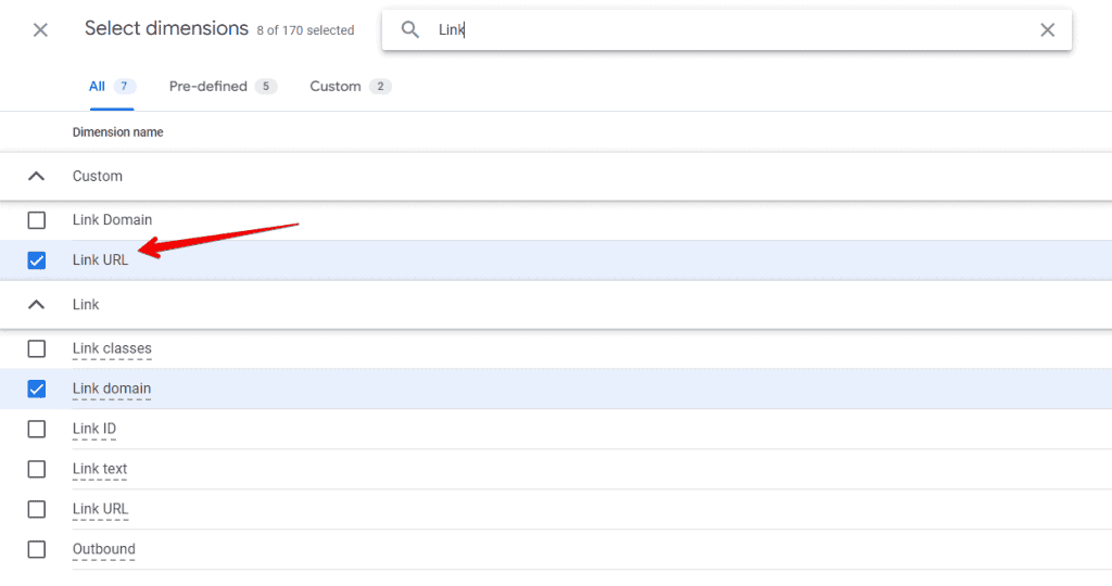 Selecting Link URL dimensions to import in the report