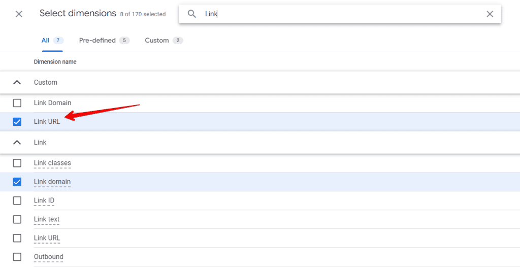 Selecting Link URL dimensions to import in the report