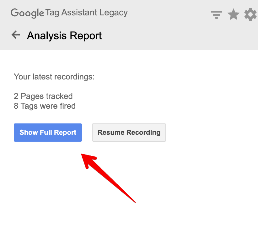 Show the full report  button in Google Tag Assistant