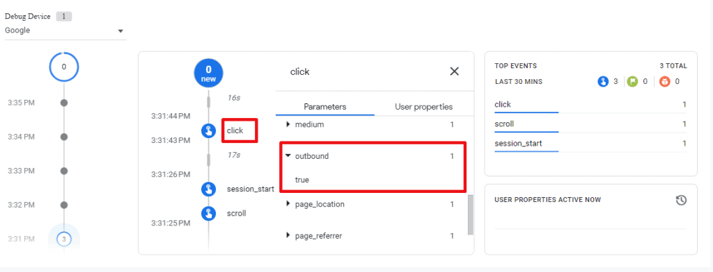 The outbound parameter of the click event equals true in Debug mode