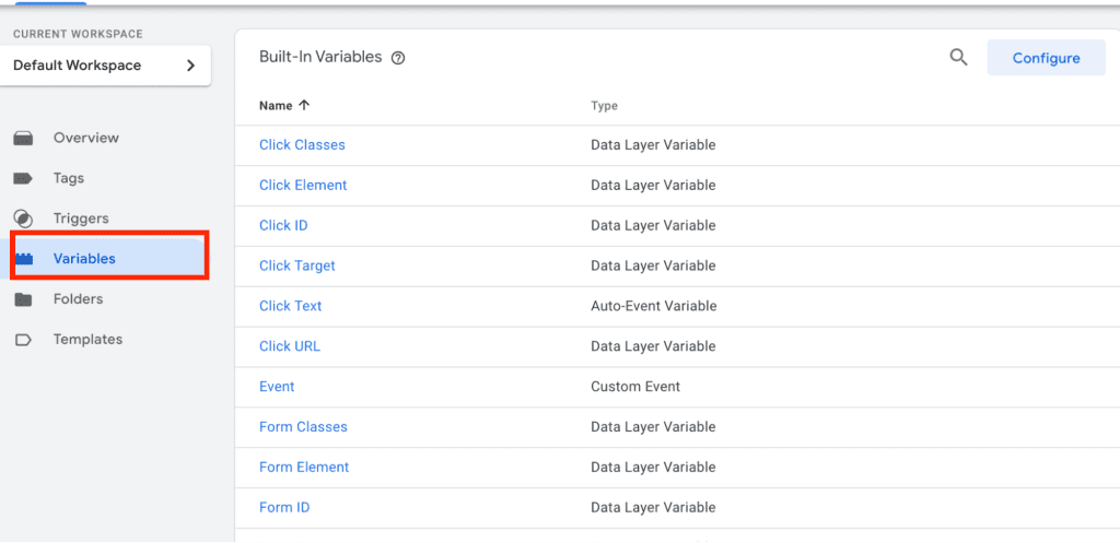 Variables sections in Google Tag Manager