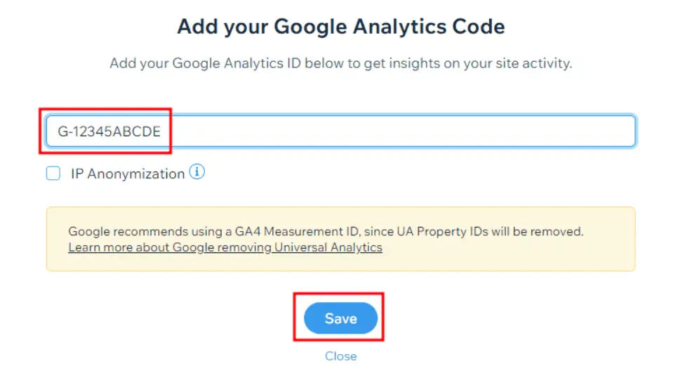 Wix popup for Google Analytics measurement ID