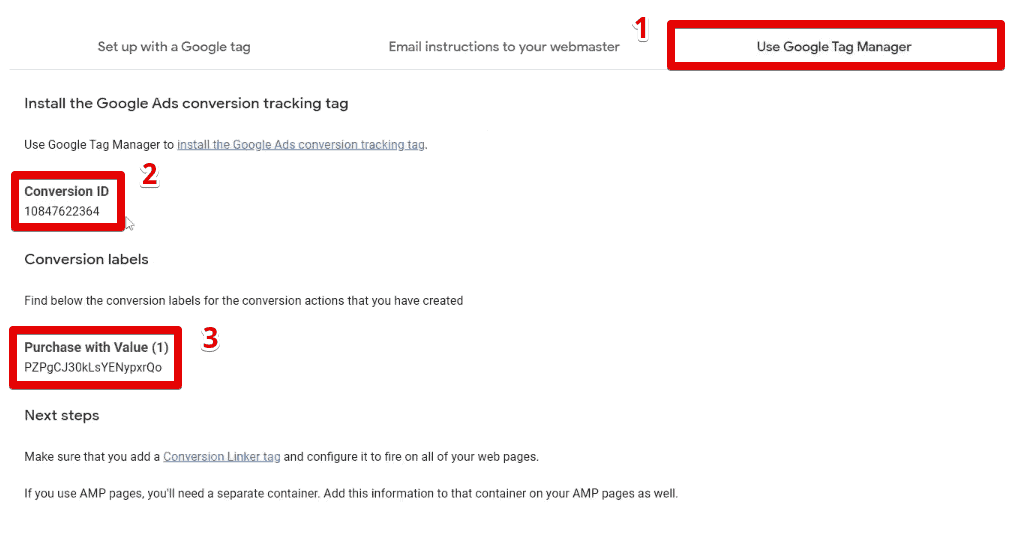 Copying the conversion ID and conversion label for the purchase conversion