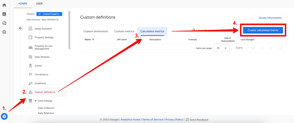 Create calculated metric in GA4 custom definitions interface