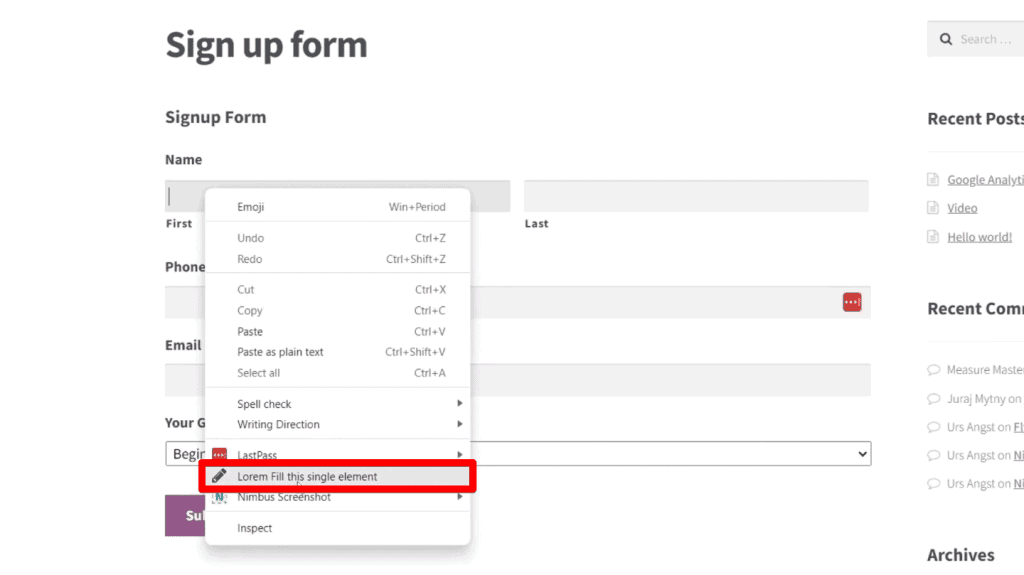 Filling the form field with Lorem Fill