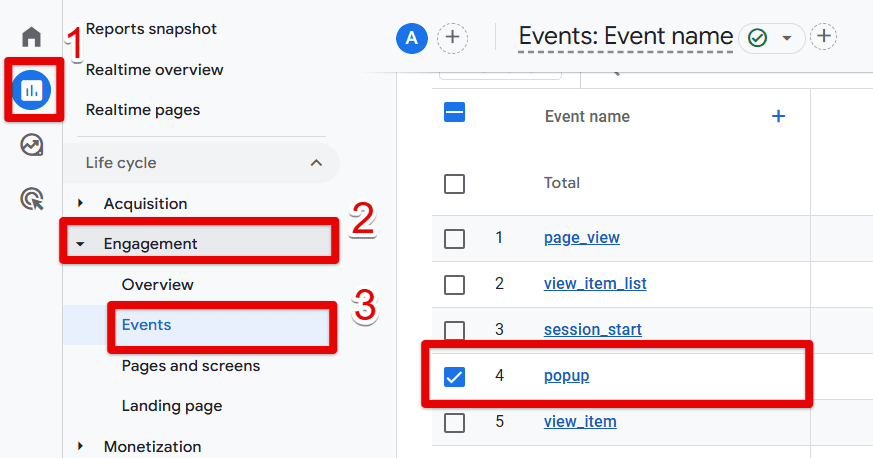 GA4 popup event in standard reports