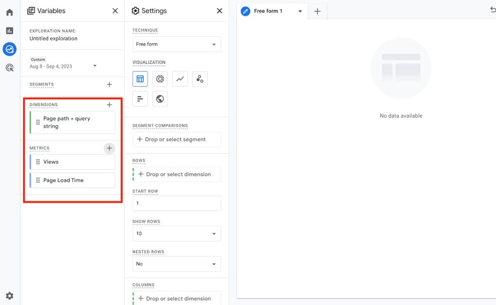 Importing dimensions and metrics to the Exploration report in GA4