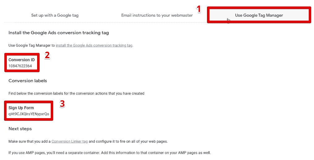 Instructions for installing the conversion tag in GTM