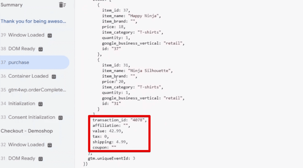 Purchase event data layer