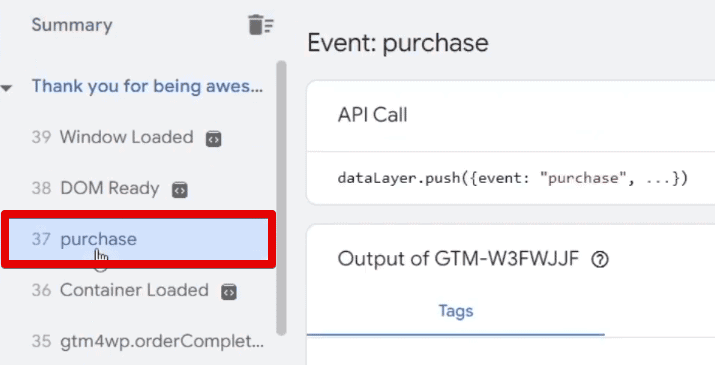 Purchase event in the Tag Assistant