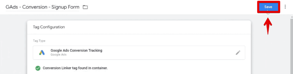 Saving the conversion tracking tag