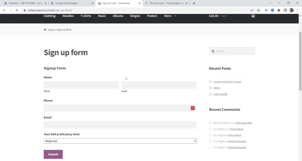 Sign-up form in the demo shop