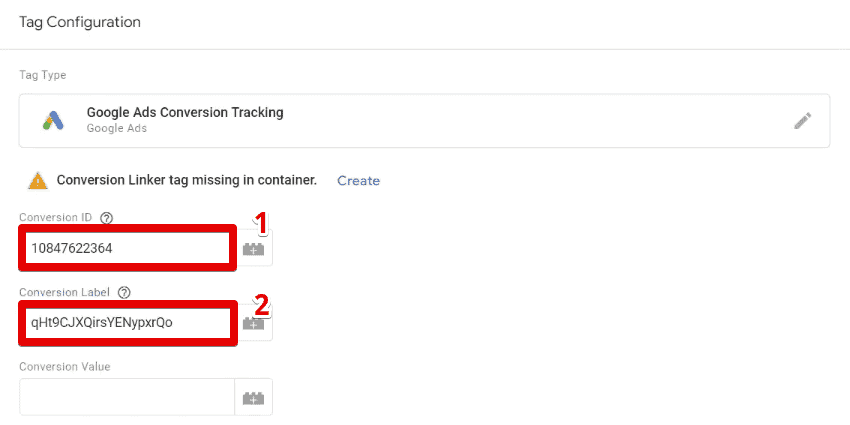 Specifying the conversion ID and conversion label