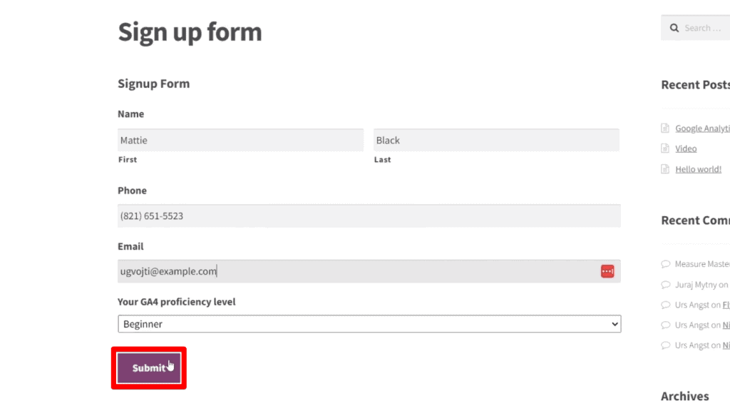 Submitting details for the sign-up form
