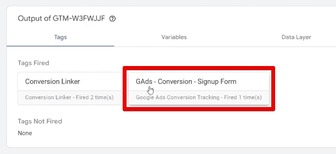 Successful firing of the conversion tracking tag