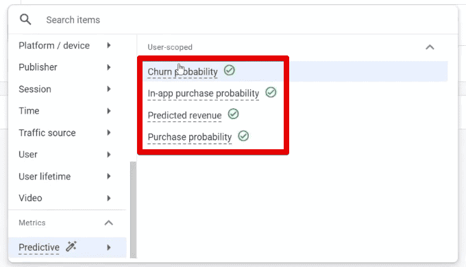 Available predictive metrics in GA4