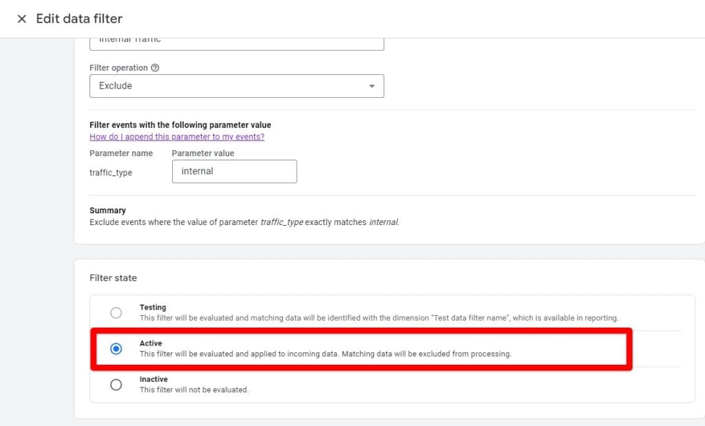 Changing internal traffic exclusion to active