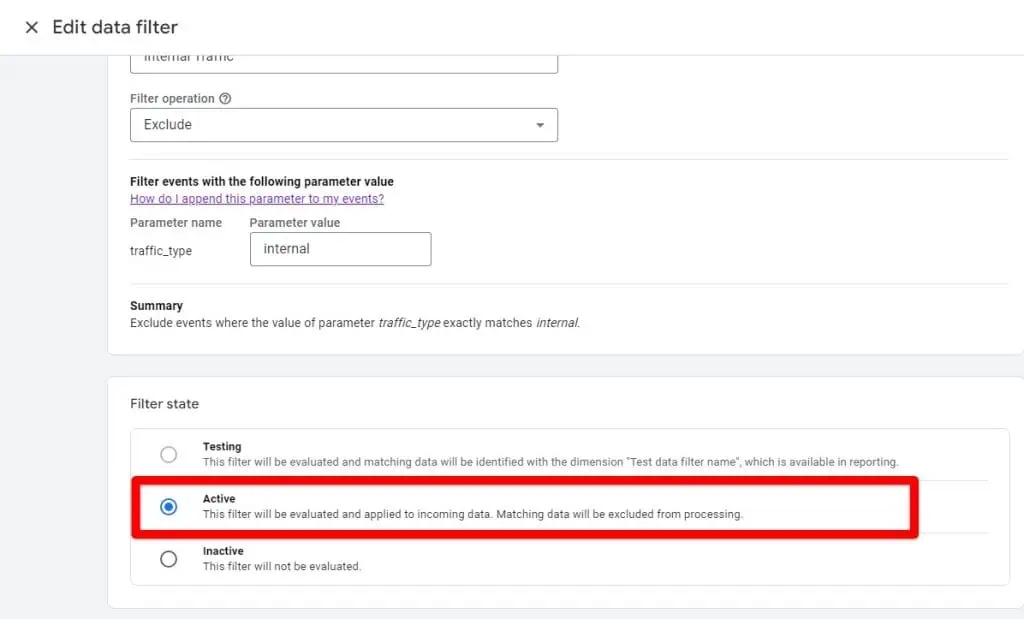 Changing internal traffic exclusion to active