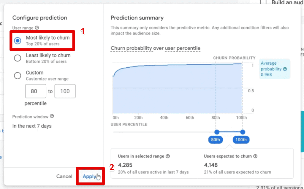Churn probability prediction configuration