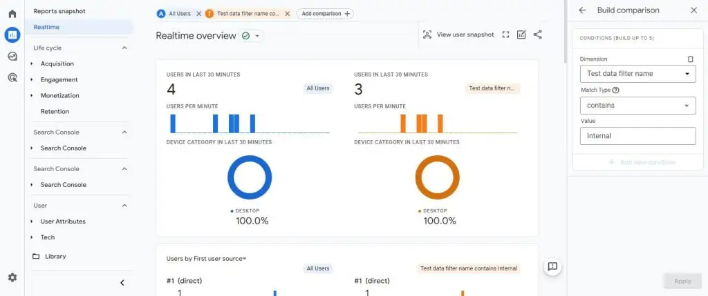 Comparisons using test data filter name